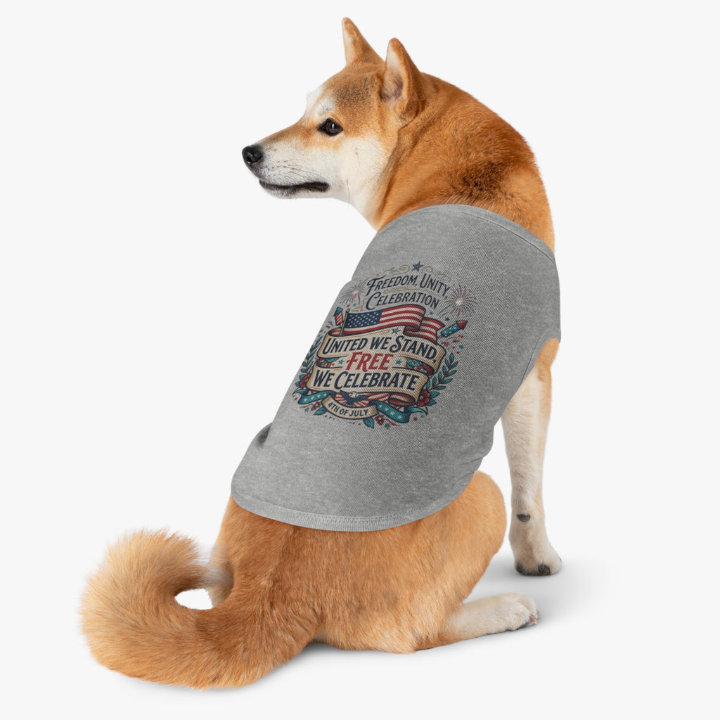 4th of July Pet Tank Top – 'United We Stand, Free We Celebrate' Patriotic Dog Shirt