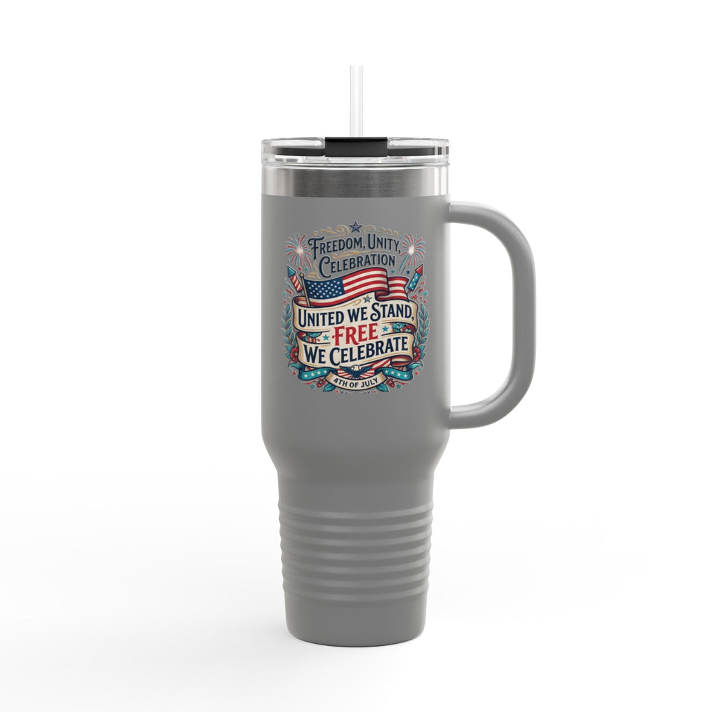 40oz Insulated Travel Mug — "United We Stand, Free We Celebrate" Patriotic Tumbler