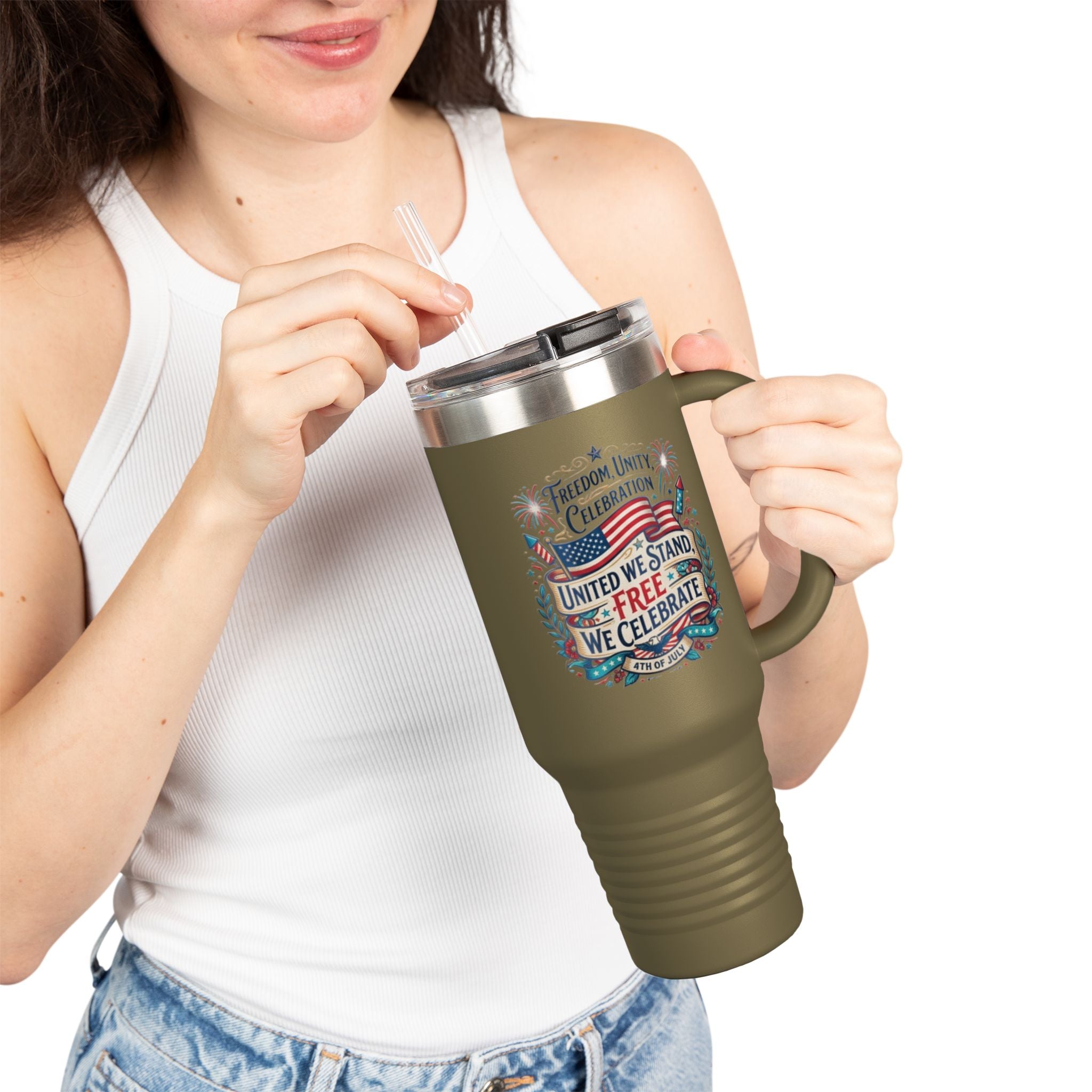 40oz Insulated Travel Mug — "United We Stand, Free We Celebrate" Patriotic Tumbler