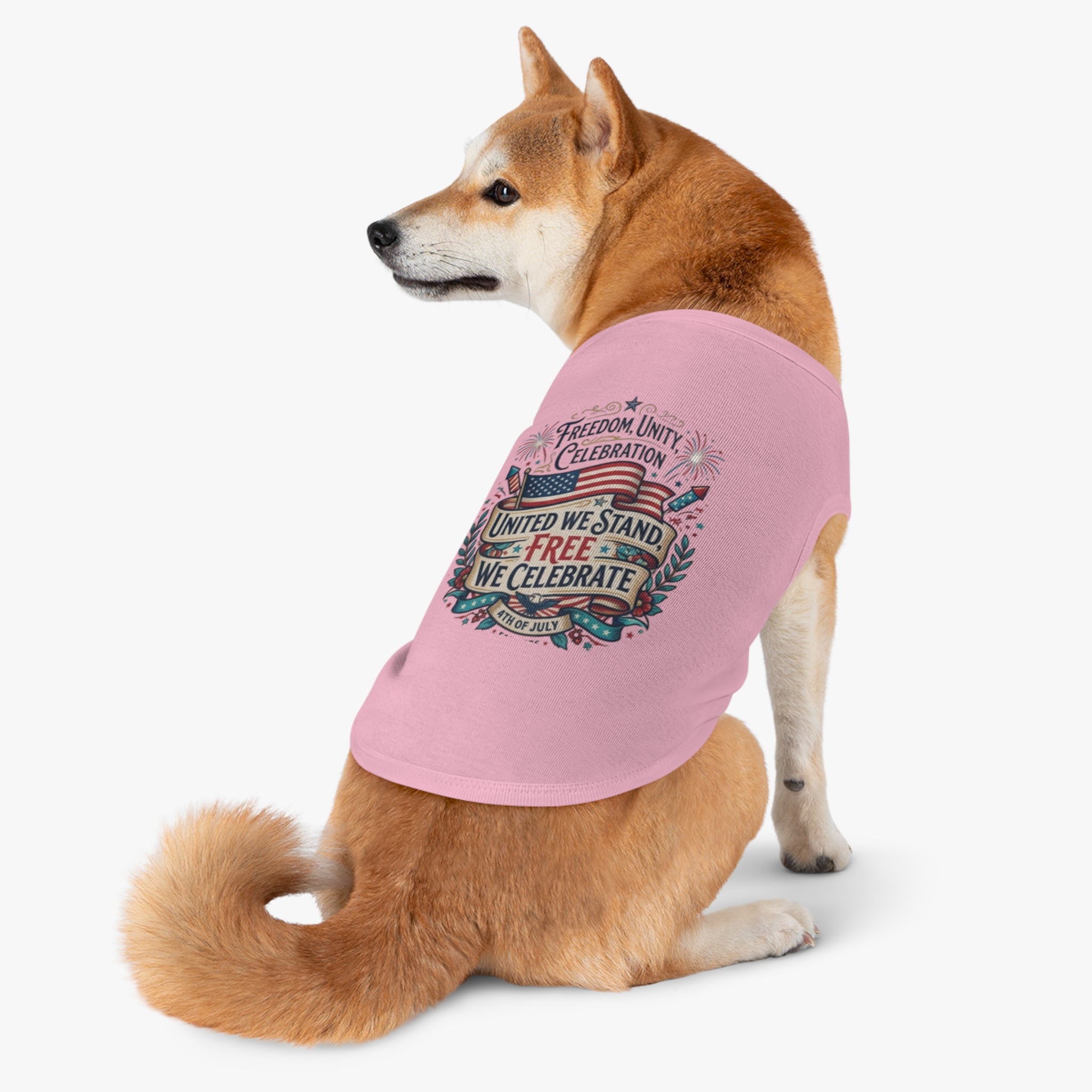 4th of July Pet Tank Top – 'United We Stand, Free We Celebrate' Patriotic Dog Shirt