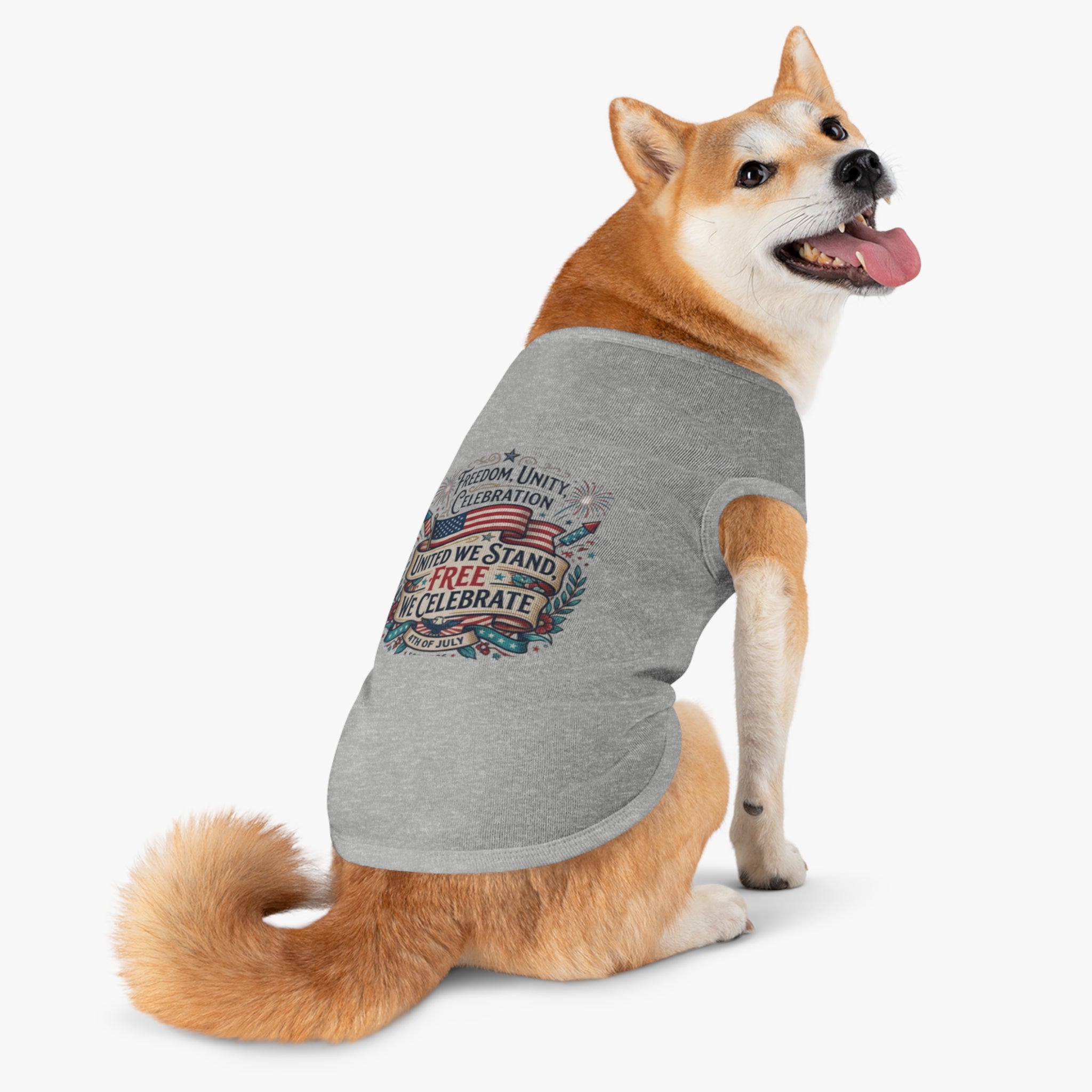 4th of July Pet Tank Top – 'United We Stand, Free We Celebrate' Patriotic Dog Shirt