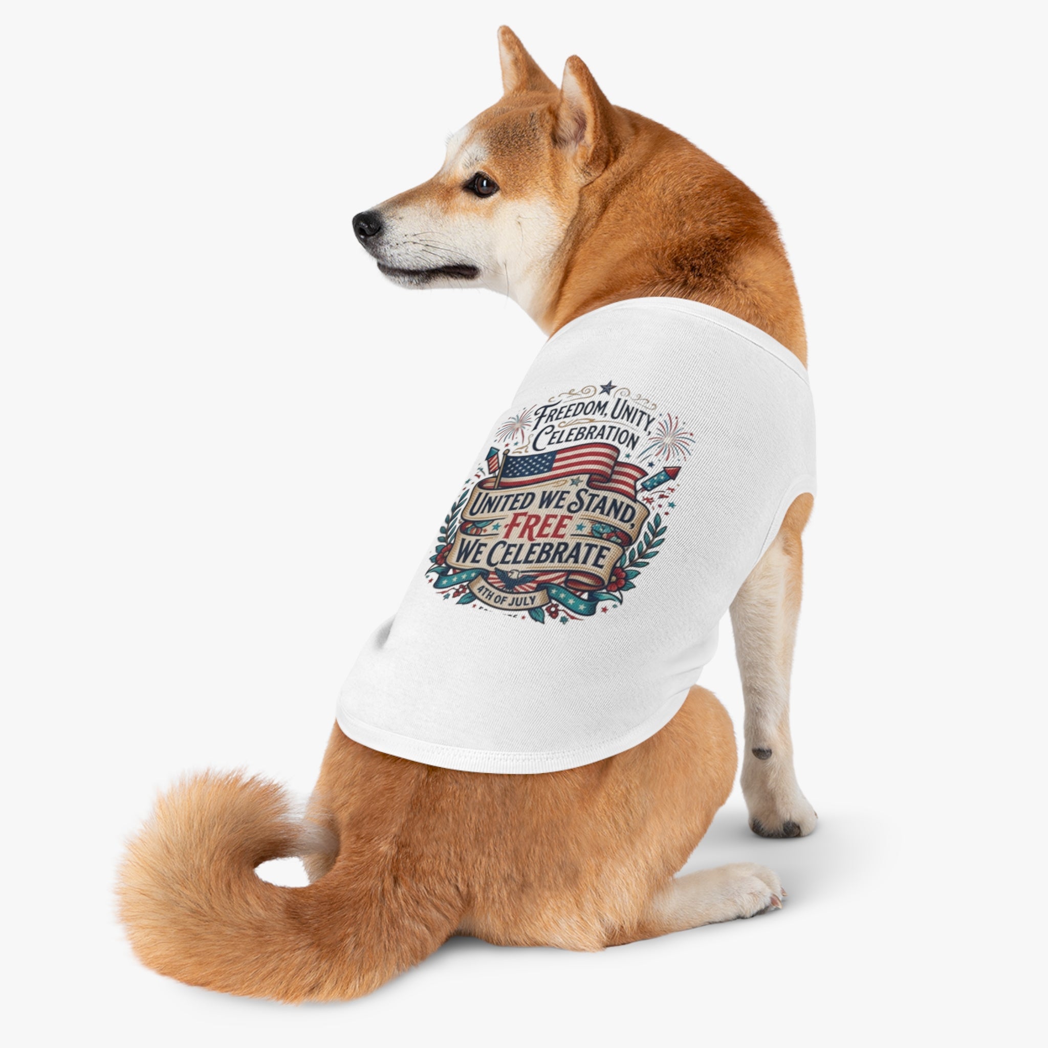 4th of July Pet Tank Top – 'United We Stand, Free We Celebrate' Patriotic Dog Shirt