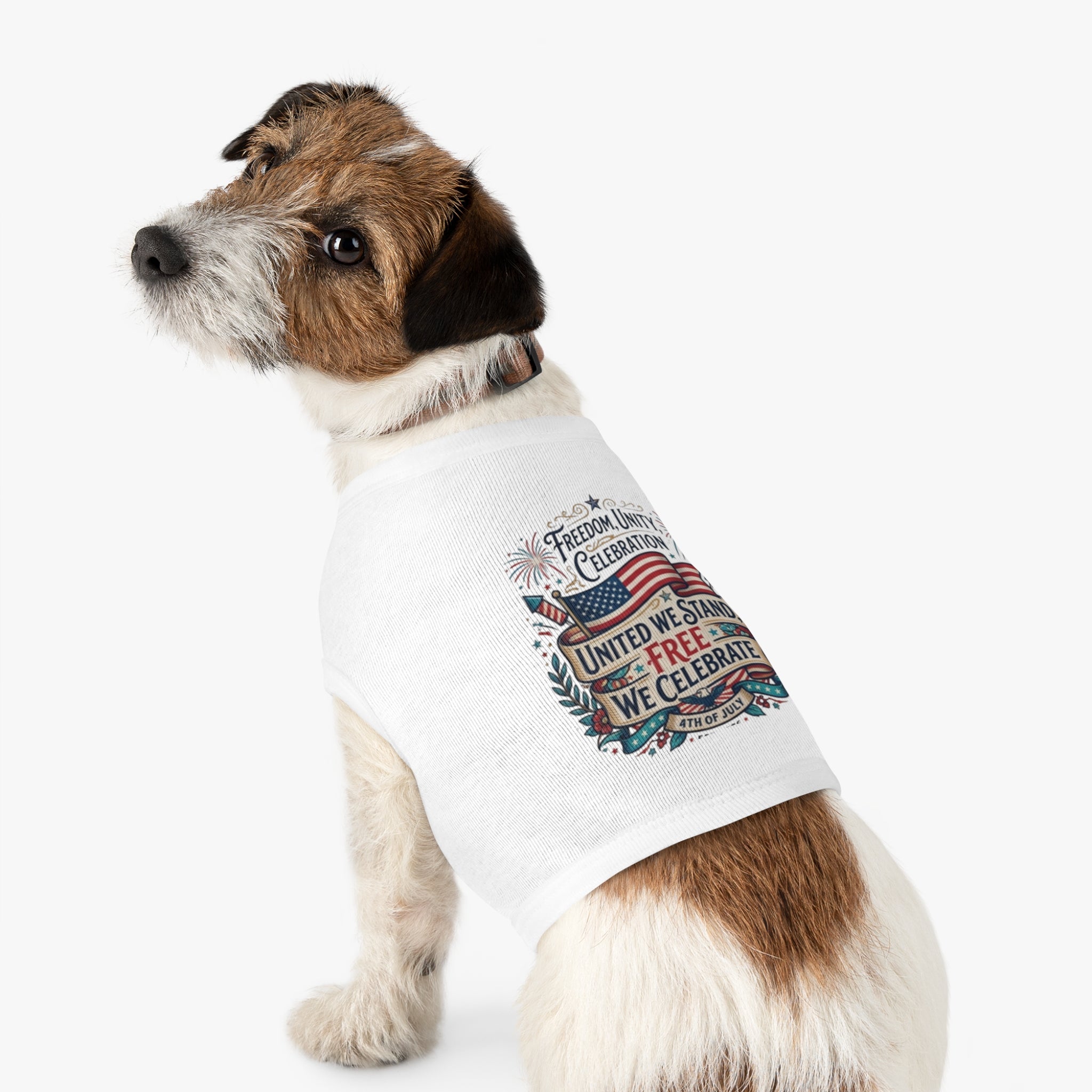 4th of July Pet Tank Top – 'United We Stand, Free We Celebrate' Patriotic Dog Shirt