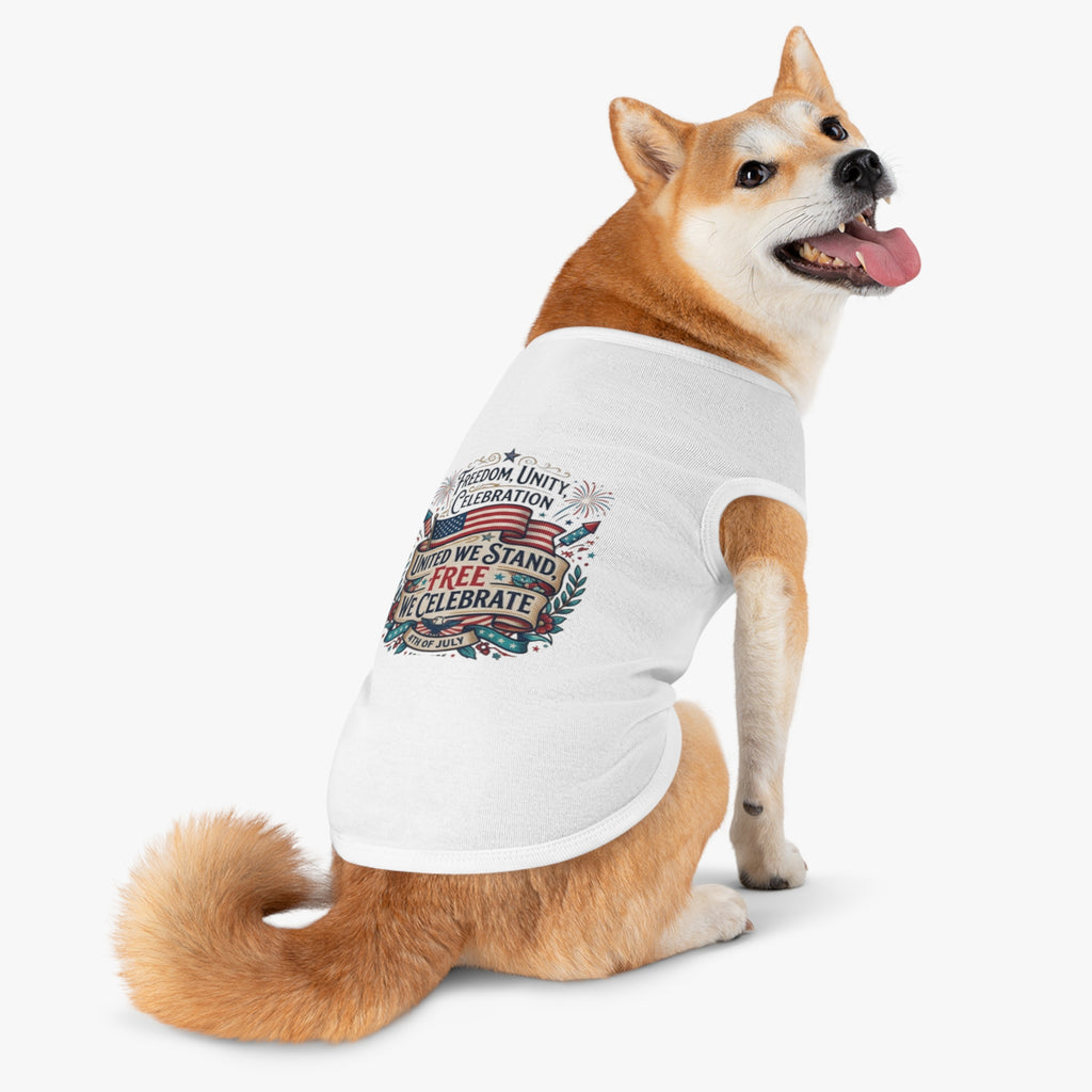 4th of July Pet Tank Top – 'United We Stand, Free We Celebrate' Patriotic Dog Shirt