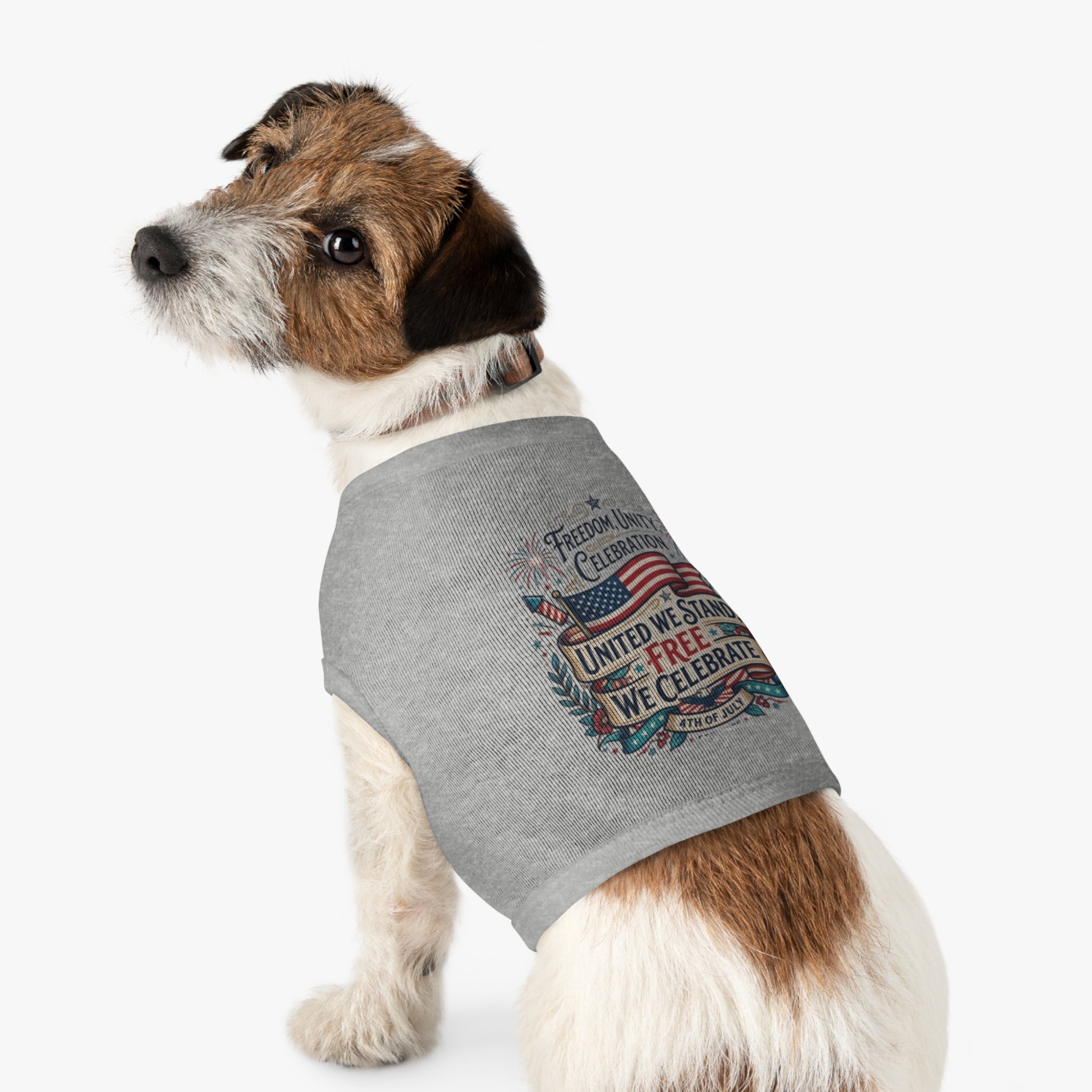 4th of July Pet Tank Top – 'United We Stand, Free We Celebrate' Patriotic Dog Shirt