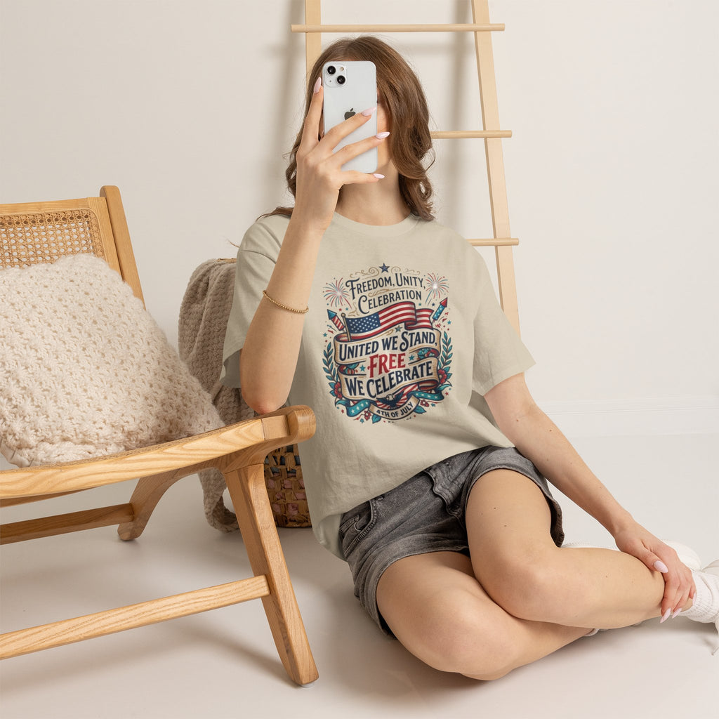 Patriotic 4th of July Tee – “United We Stand, Free We Celebrate” USA Flag T‑Shirt