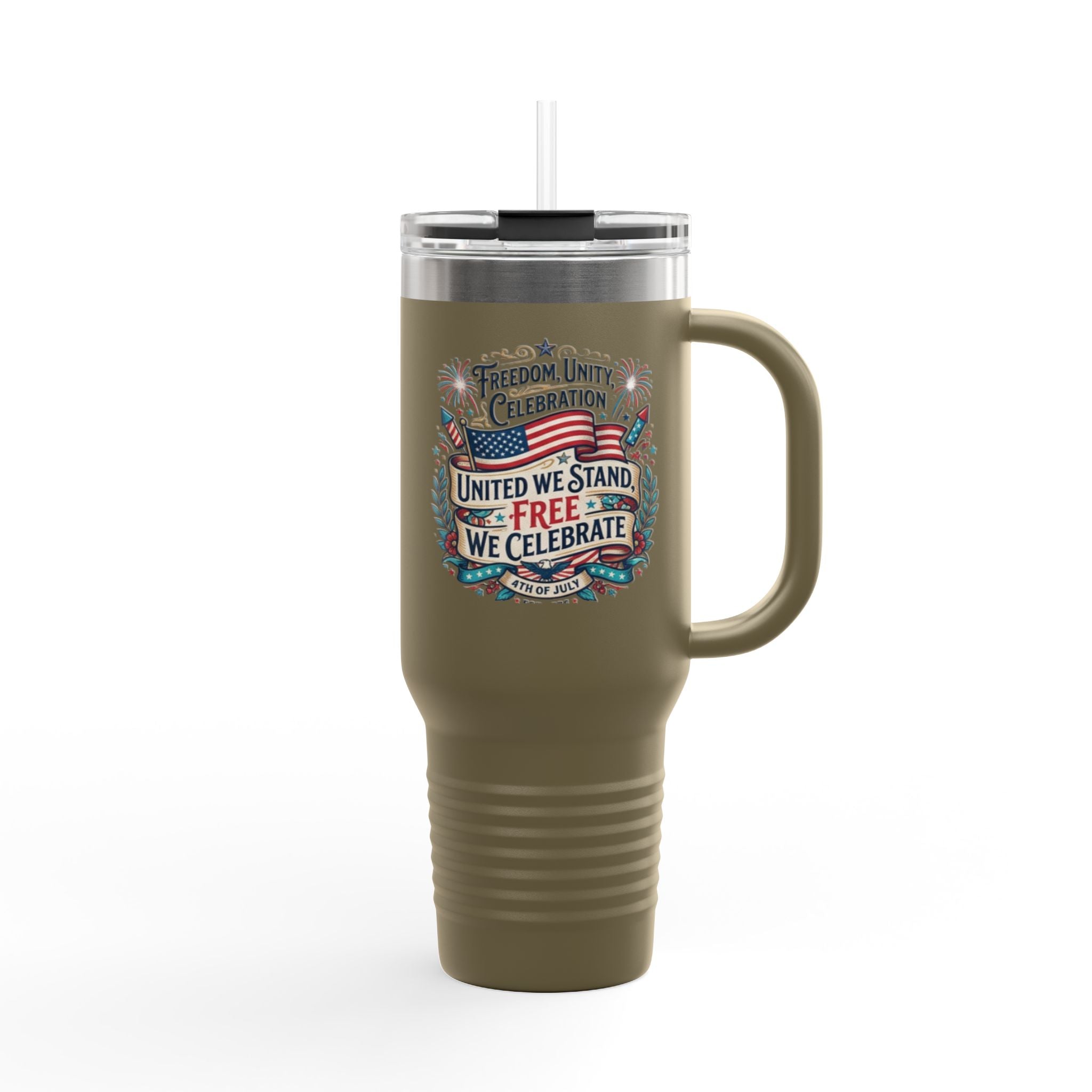 40oz Insulated Travel Mug — "United We Stand, Free We Celebrate" Patriotic Tumbler