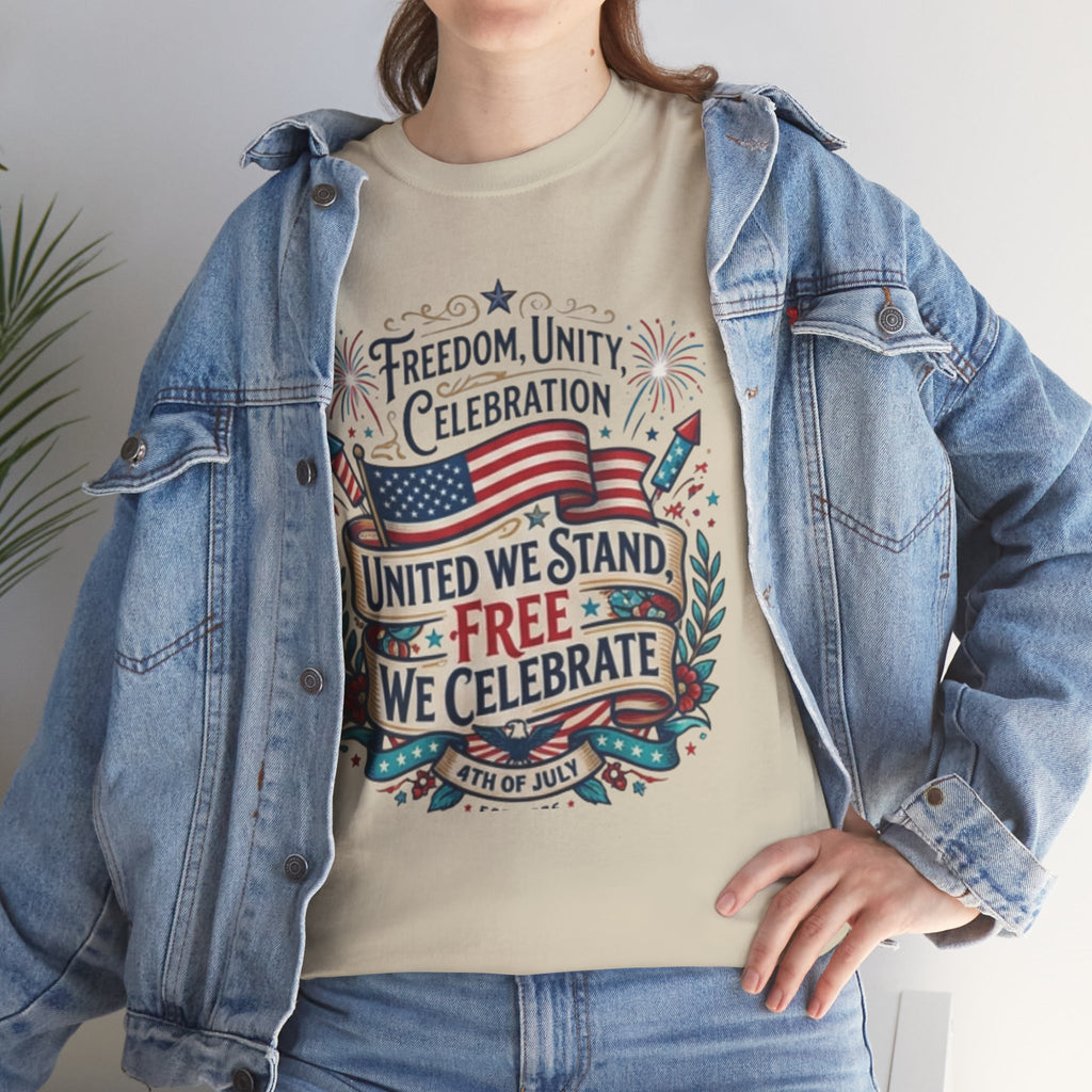 Patriotic 4th of July Tee – “United We Stand, Free We Celebrate” USA Flag T‑Shirt