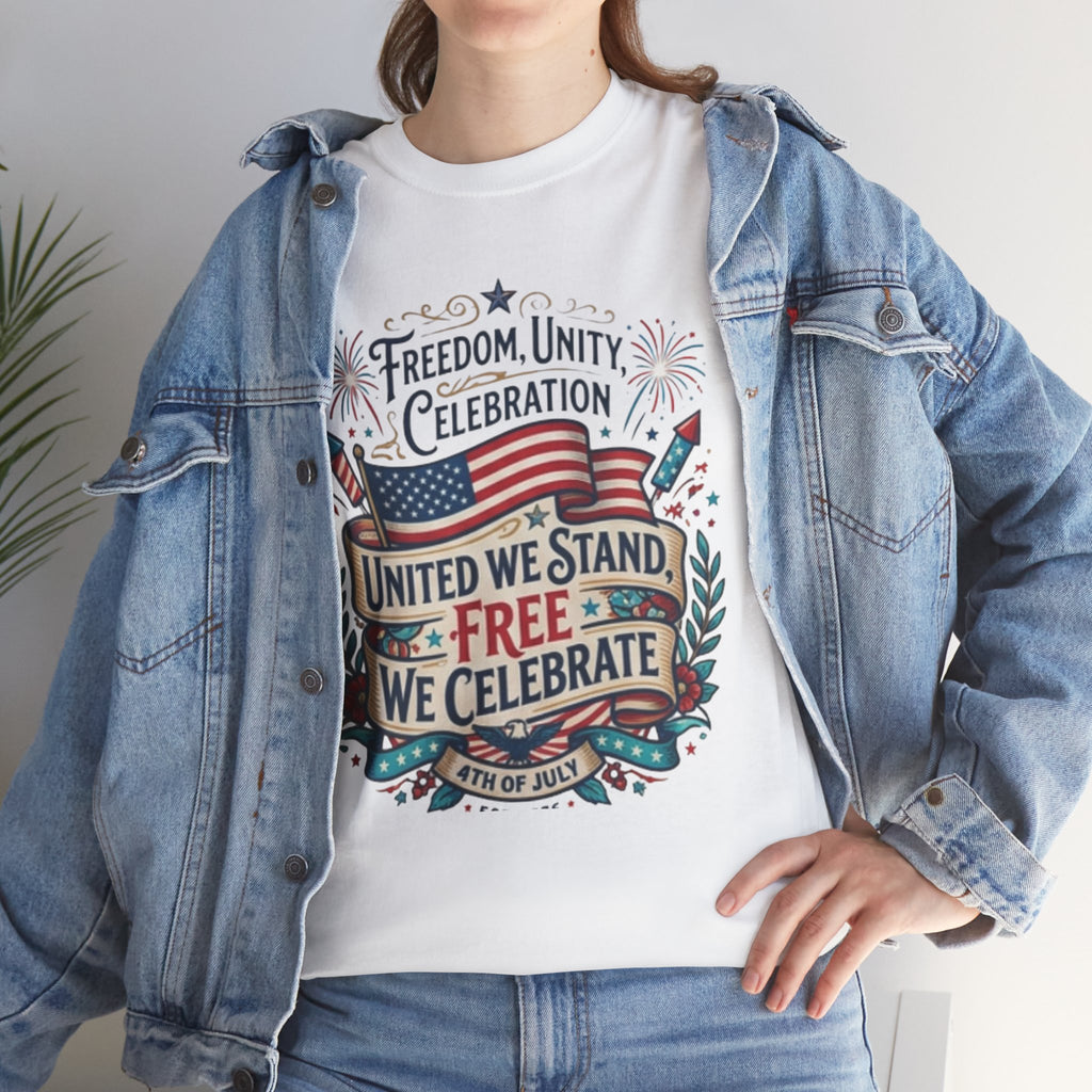 Patriotic 4th of July Tee – “United We Stand, Free We Celebrate” USA Flag T‑Shirt