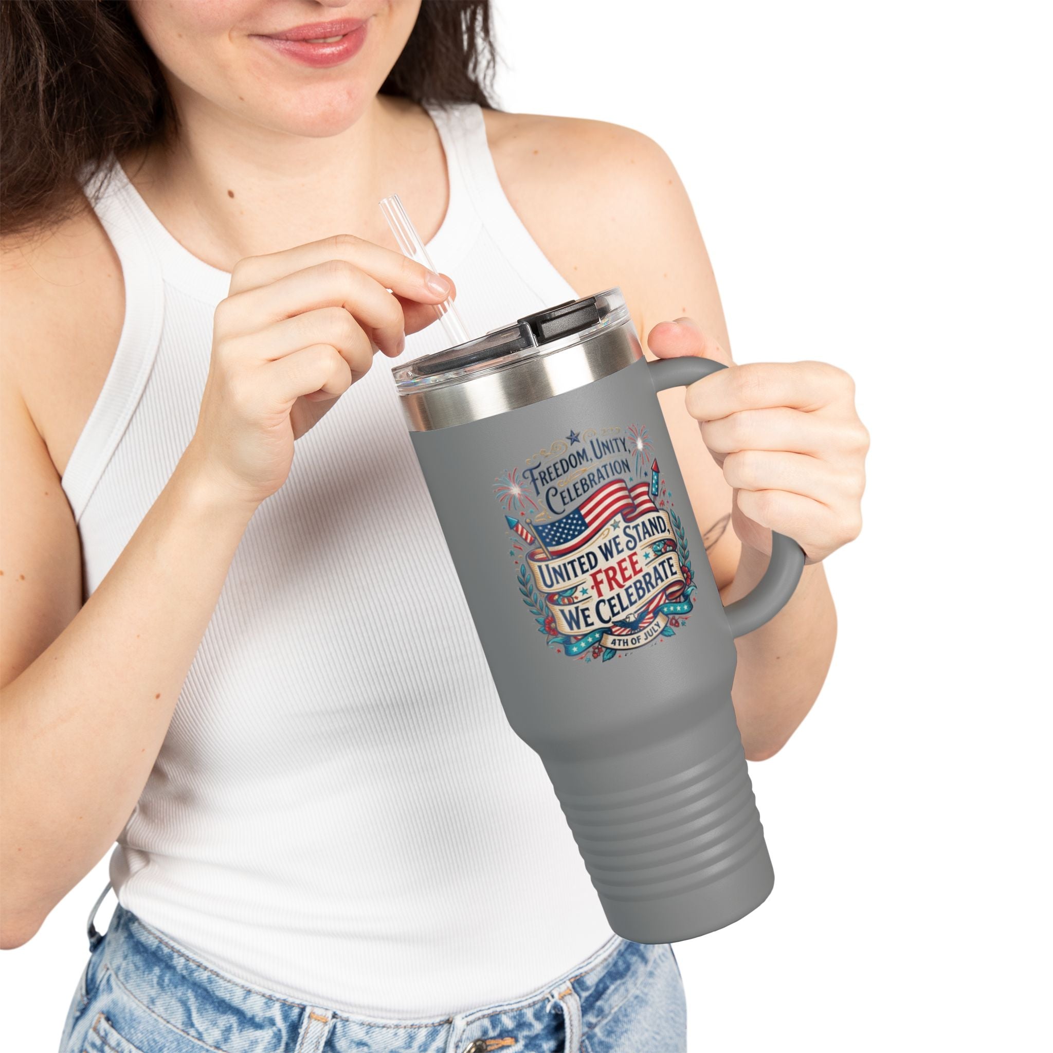 40oz Insulated Travel Mug — "United We Stand, Free We Celebrate" Patriotic Tumbler