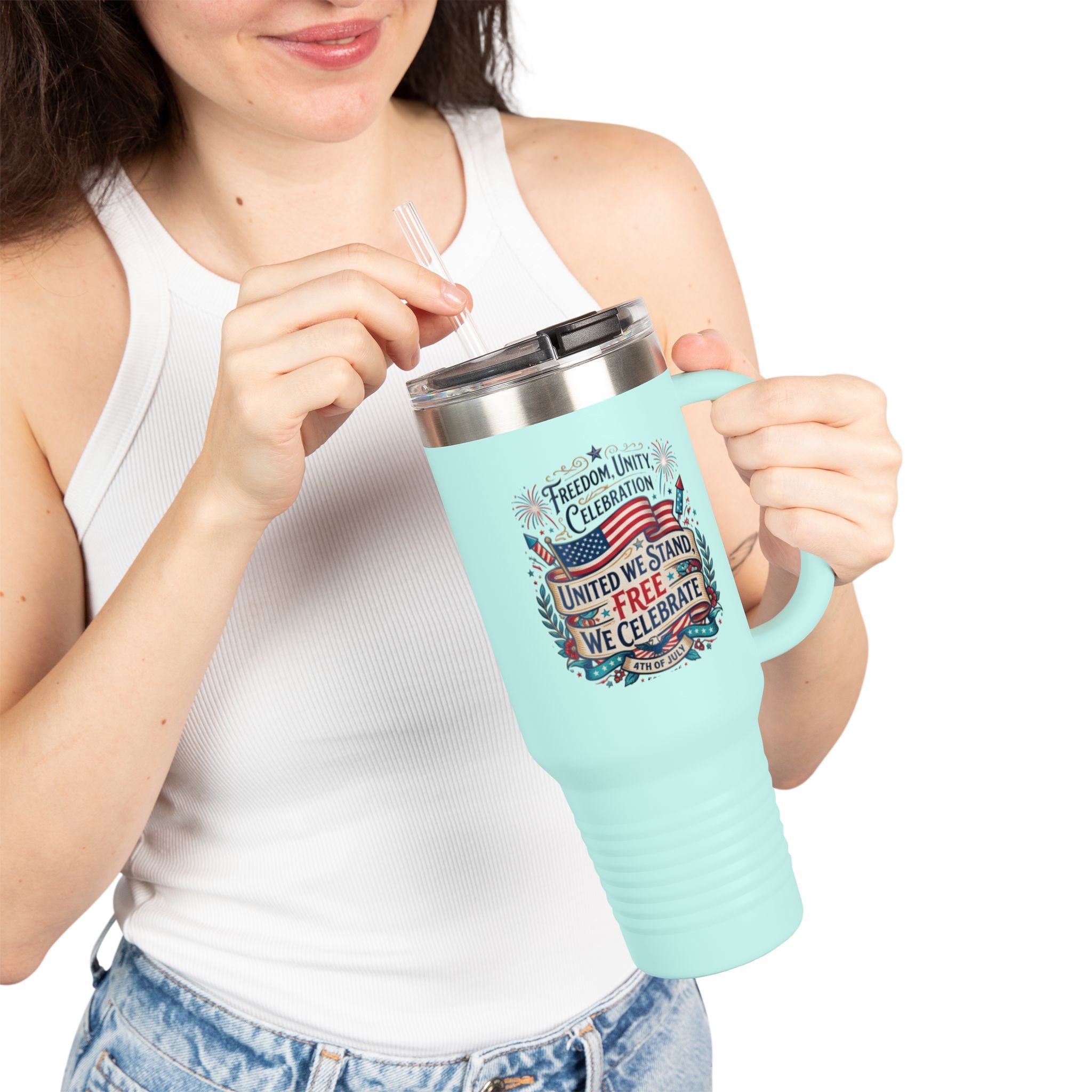 40oz Insulated Travel Mug — "United We Stand, Free We Celebrate" Patriotic Tumbler