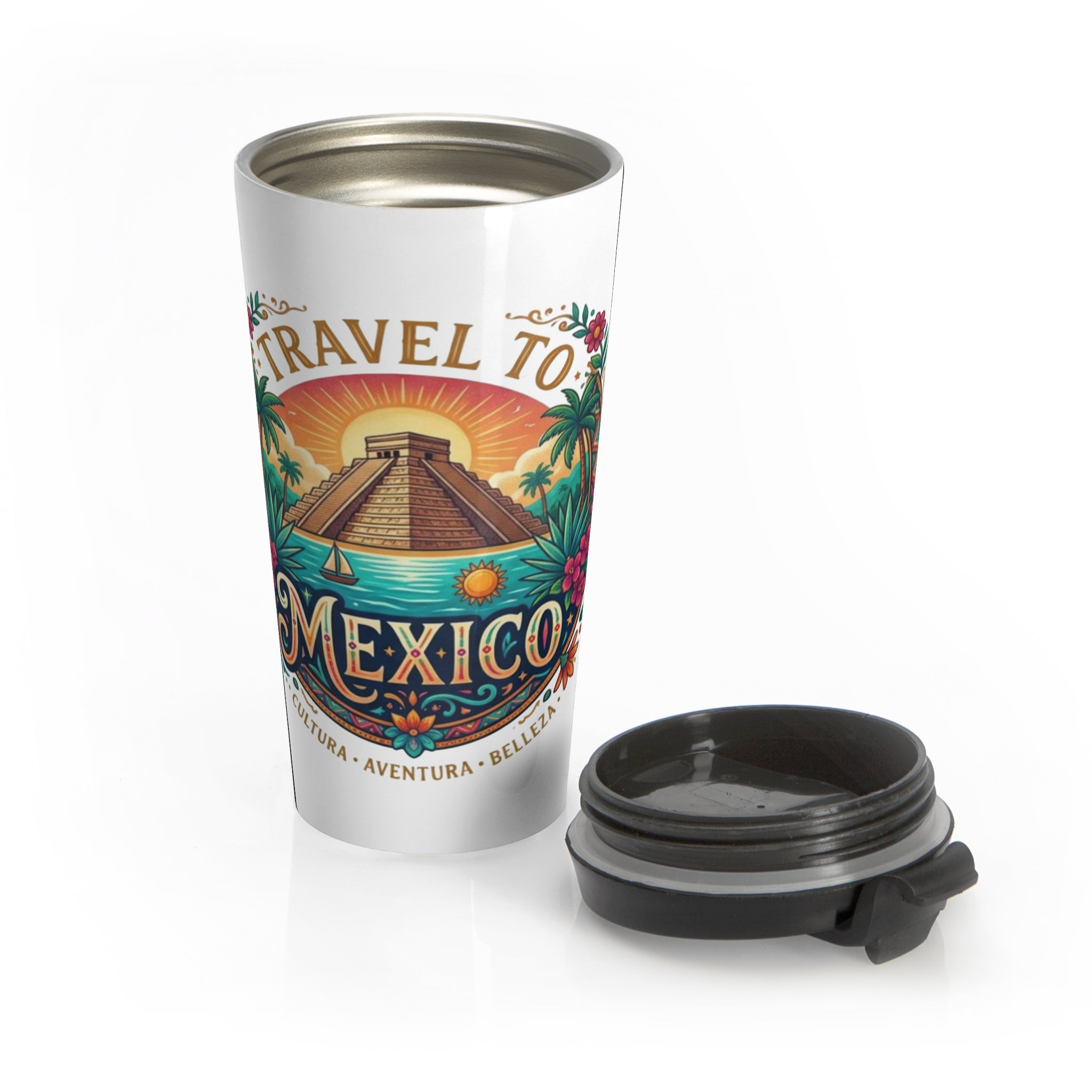 Travel to Mexico Stainless Steel Travel Mug — Chichen Itza Sunset Design