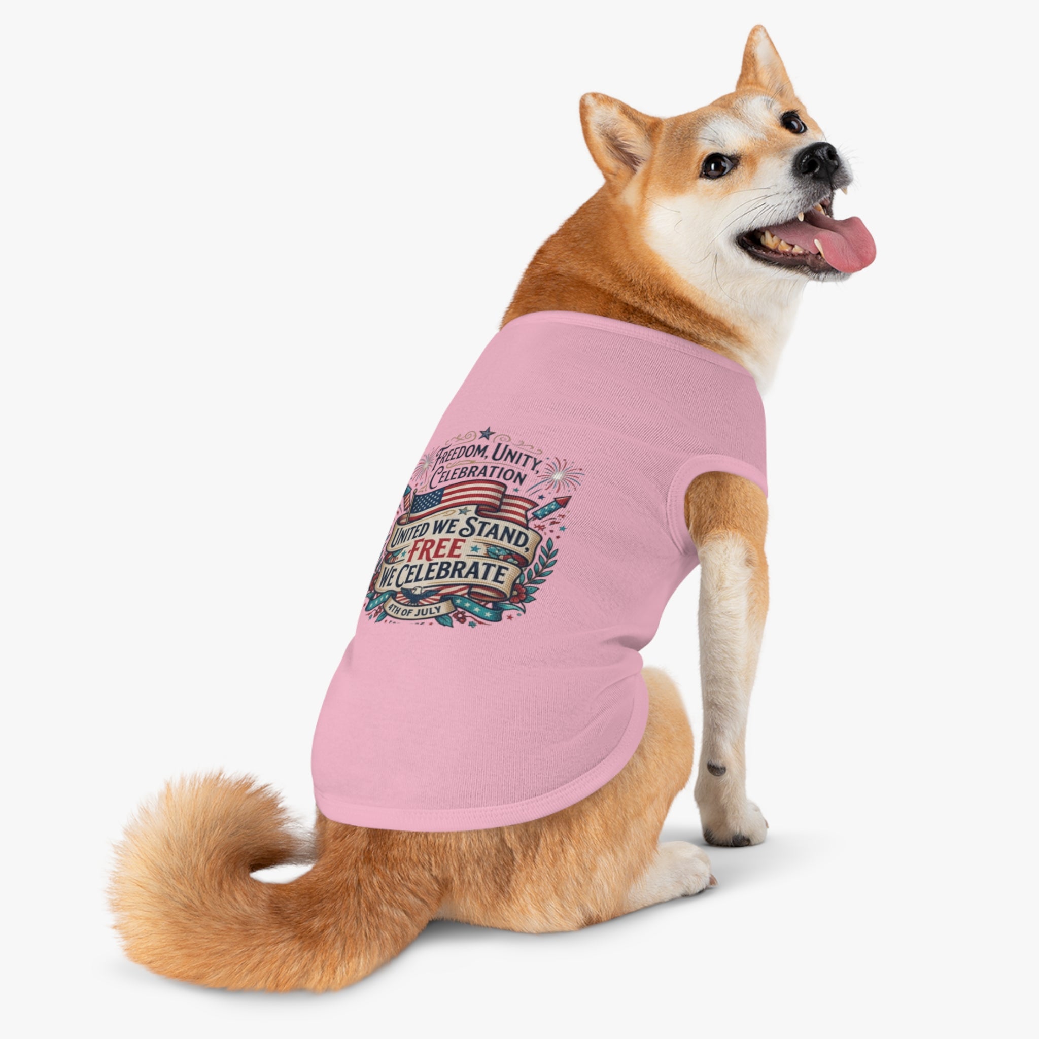4th of July Pet Tank Top – 'United We Stand, Free We Celebrate' Patriotic Dog Shirt
