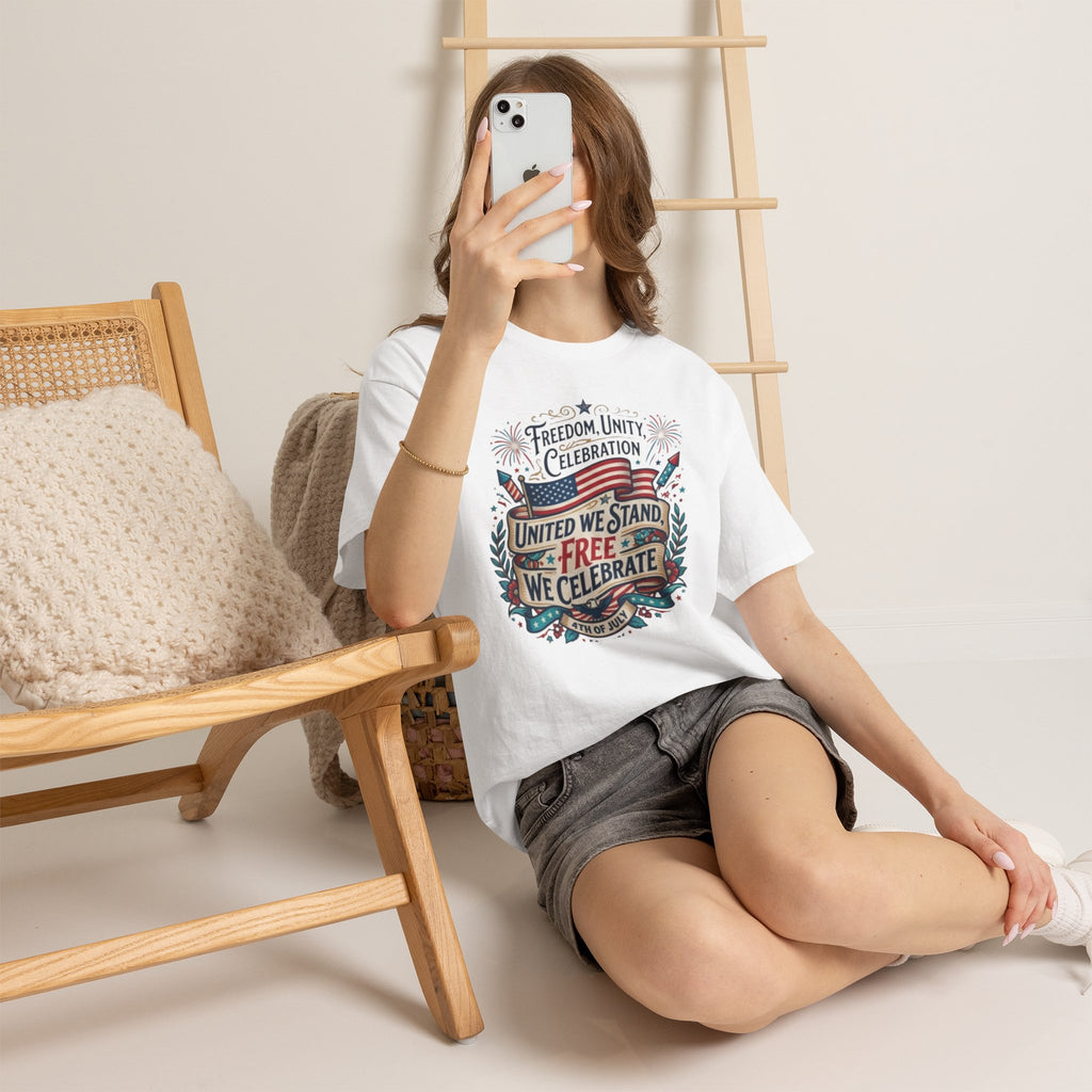 Patriotic 4th of July Tee – “United We Stand, Free We Celebrate” USA Flag T‑Shirt